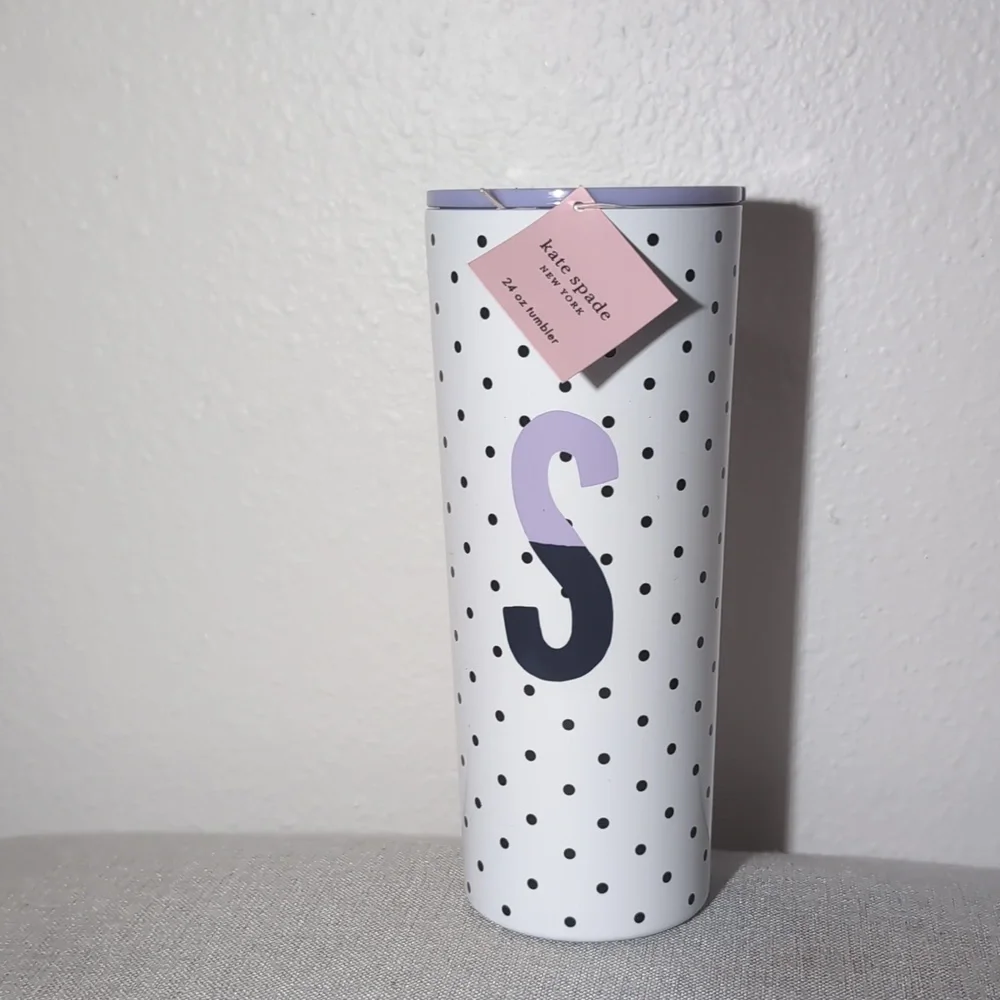 NWT Kate Spade 24oz Sparks of Joy Letter S Metal Coffe Tumbler Purple Navy White